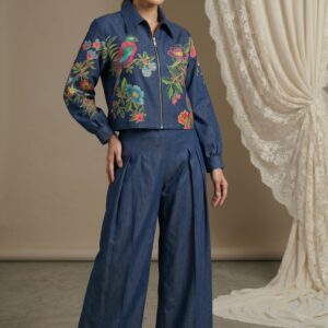 Bird & Floral Embroidered Denim-Inspired Two-Piece Set