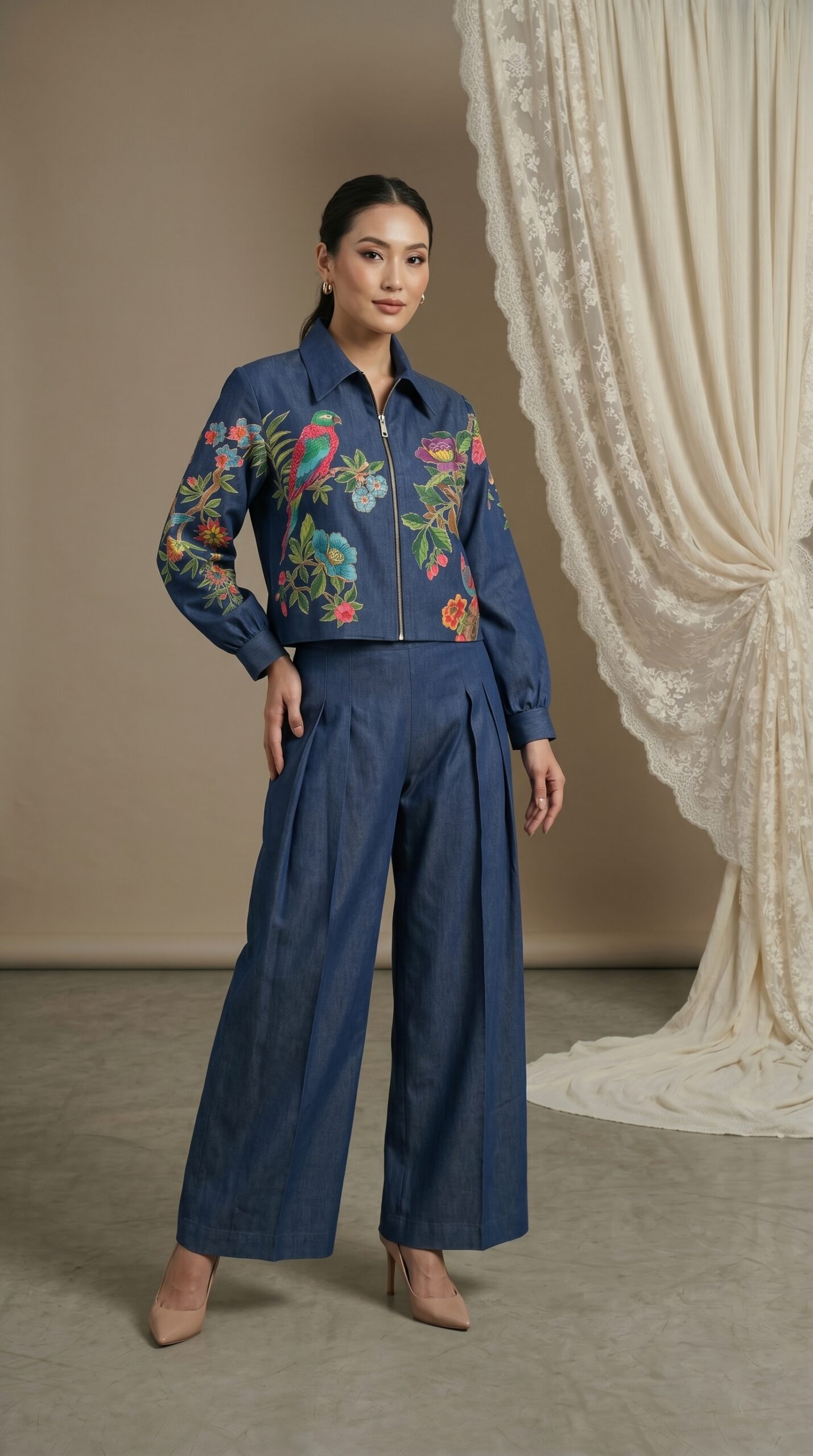 Bird & Floral Embroidered Denim-Inspired Two-Piece Set