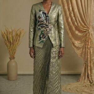 Olive Luxe Embroidered Jacket & Pleated Skirt Set