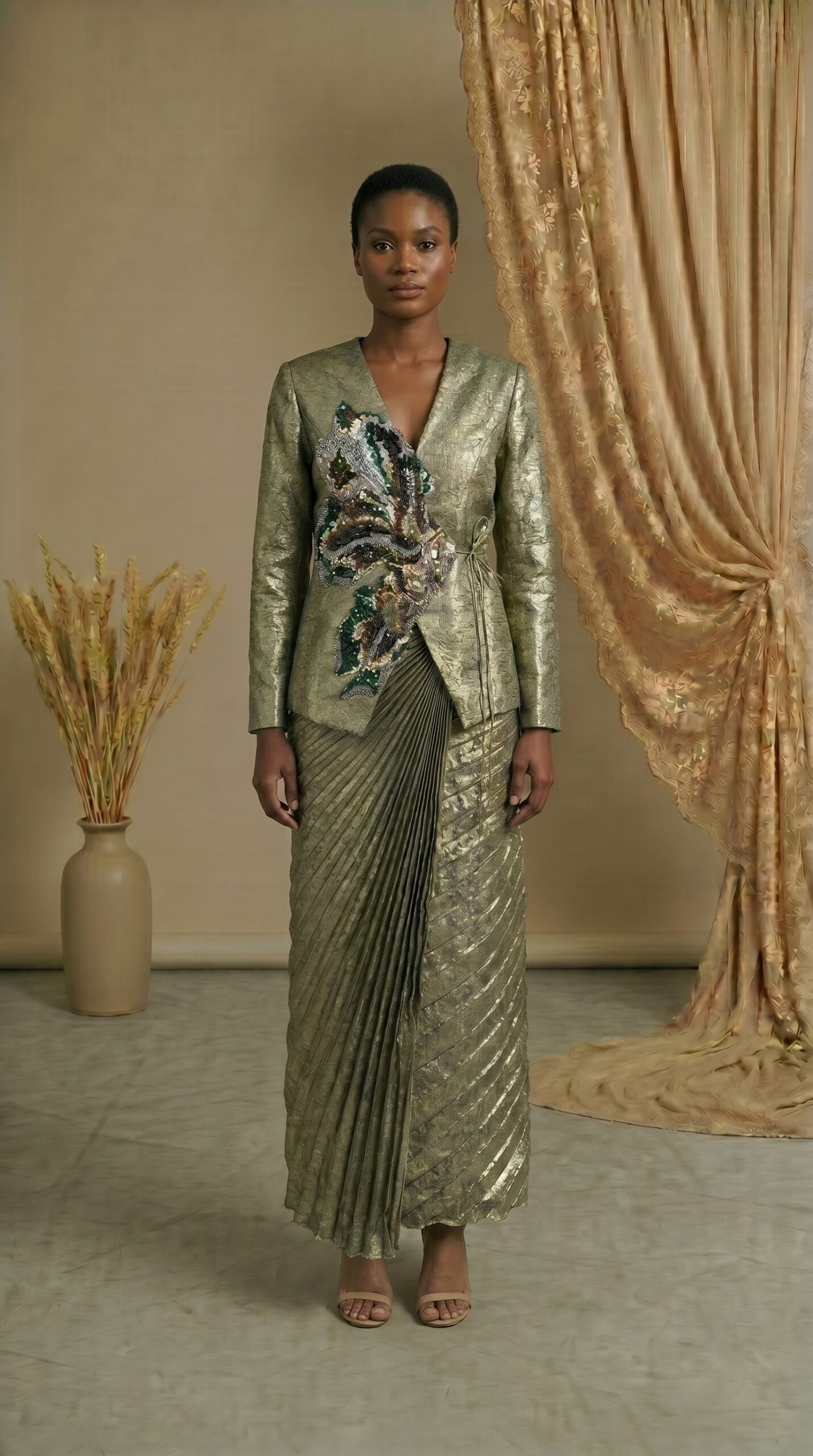Olive Luxe Embroidered Jacket & Pleated Skirt Set