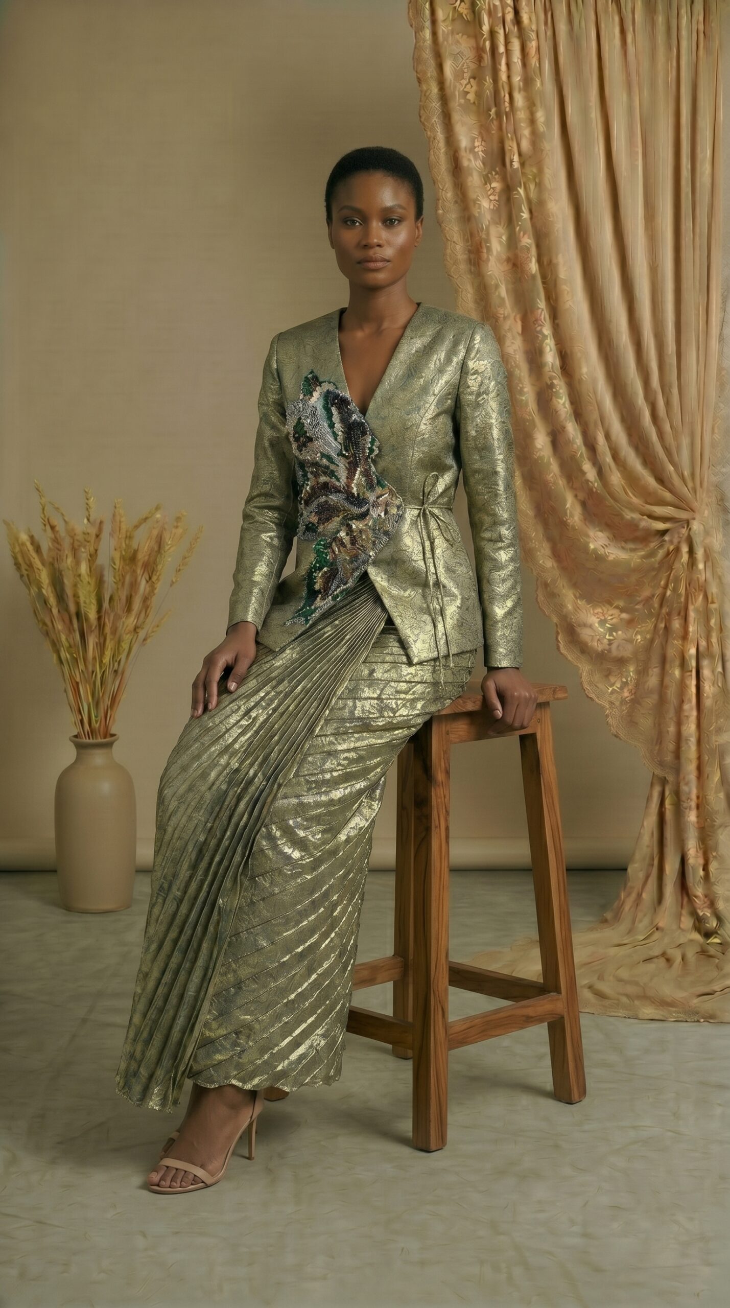 Olive Luxe Embroidered Jacket & Pleated Skirt Set - Image 2