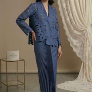 Indigo Bloom Cutwork Jacket & Pleated Skirt Set