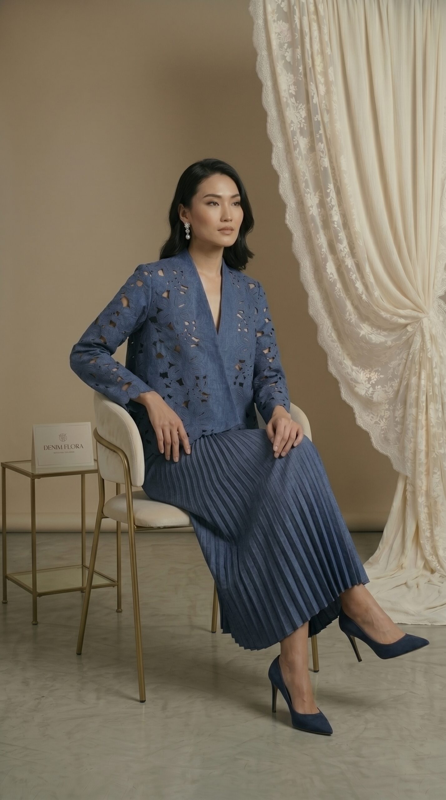 Indigo Bloom Cutwork Jacket & Pleated Skirt Set - Image 2