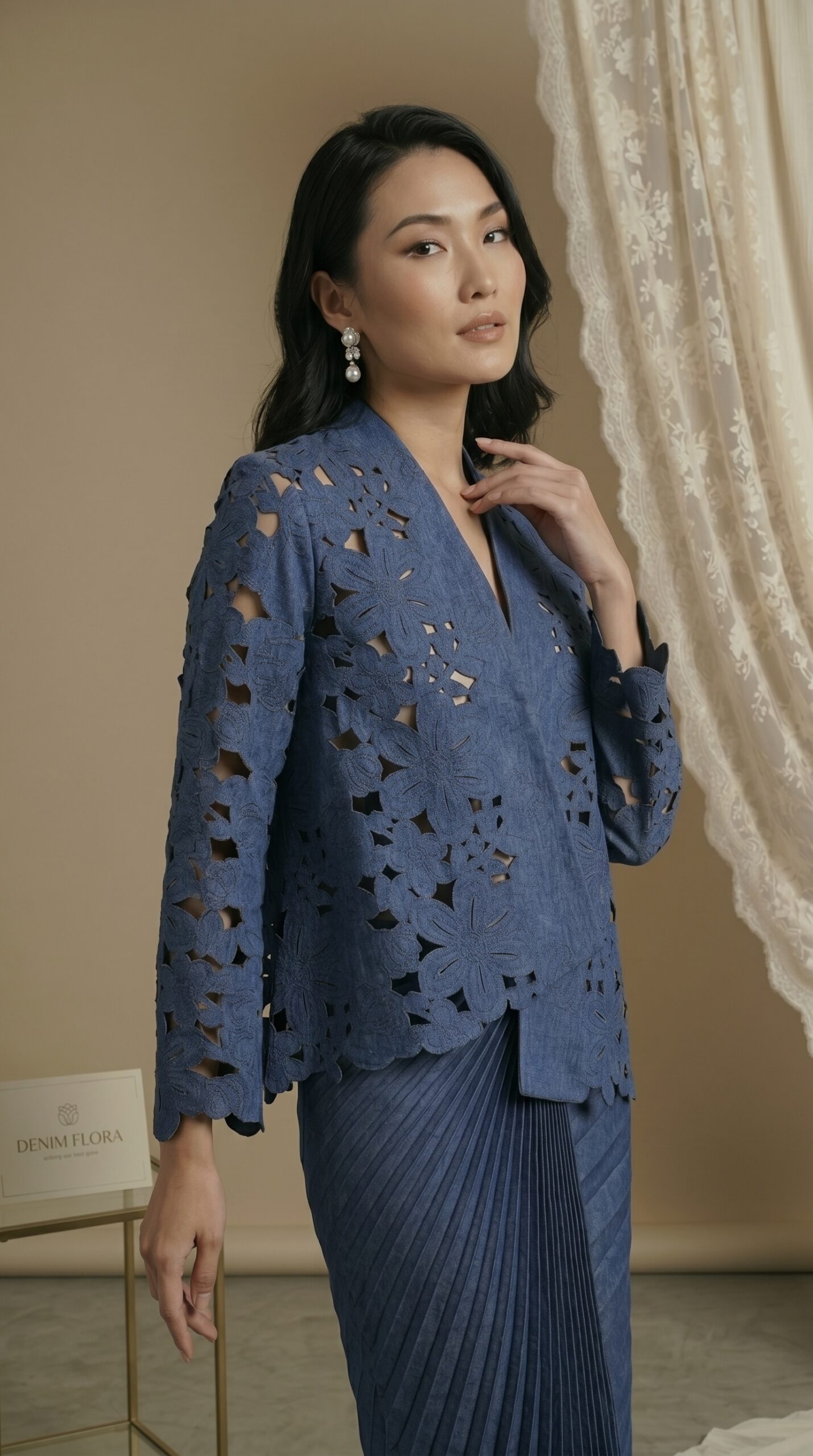 Indigo Bloom Cutwork Jacket & Pleated Skirt Set - Image 3