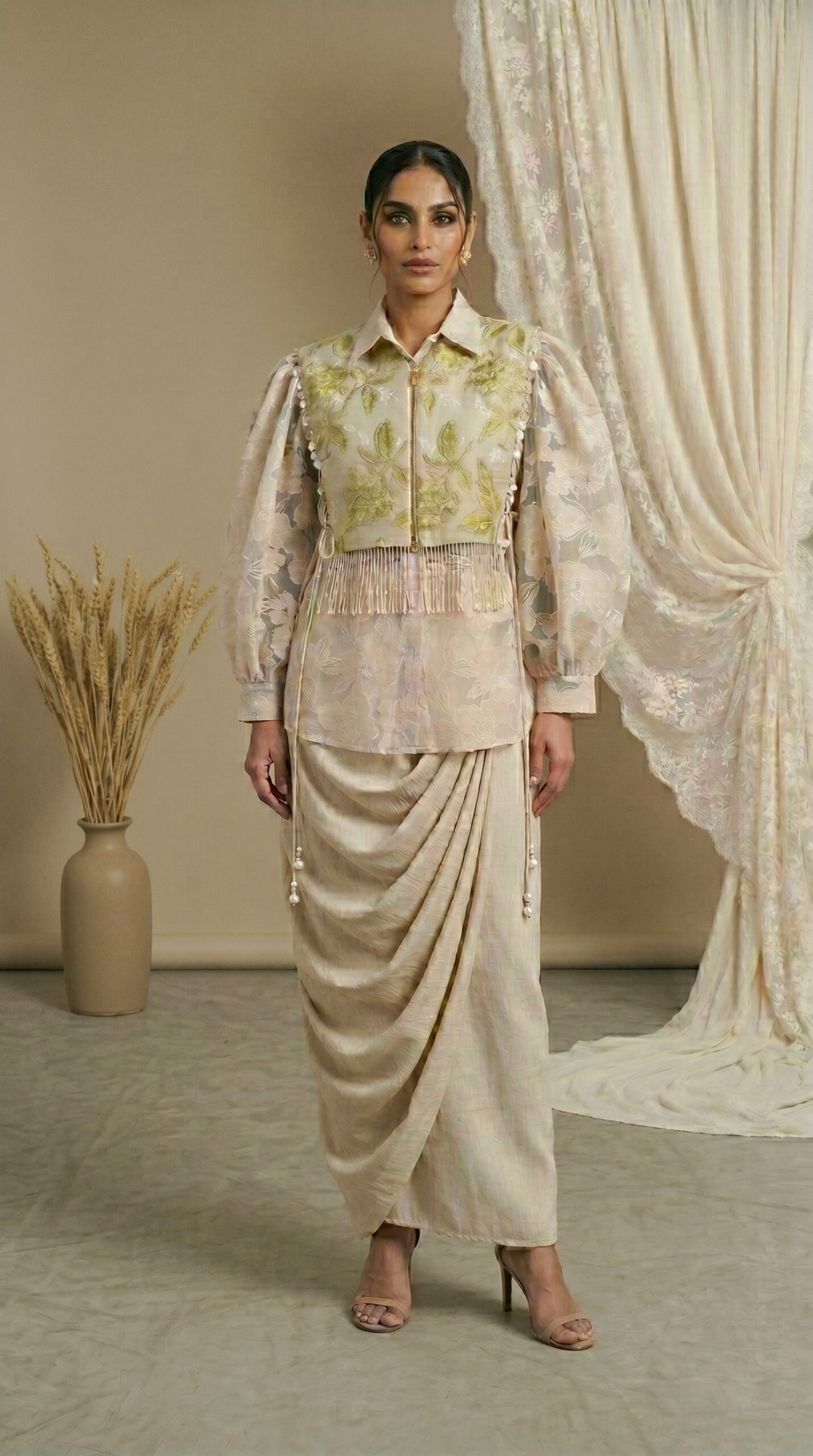 Ivory Leaf Embroidered Drape Skirt Set
