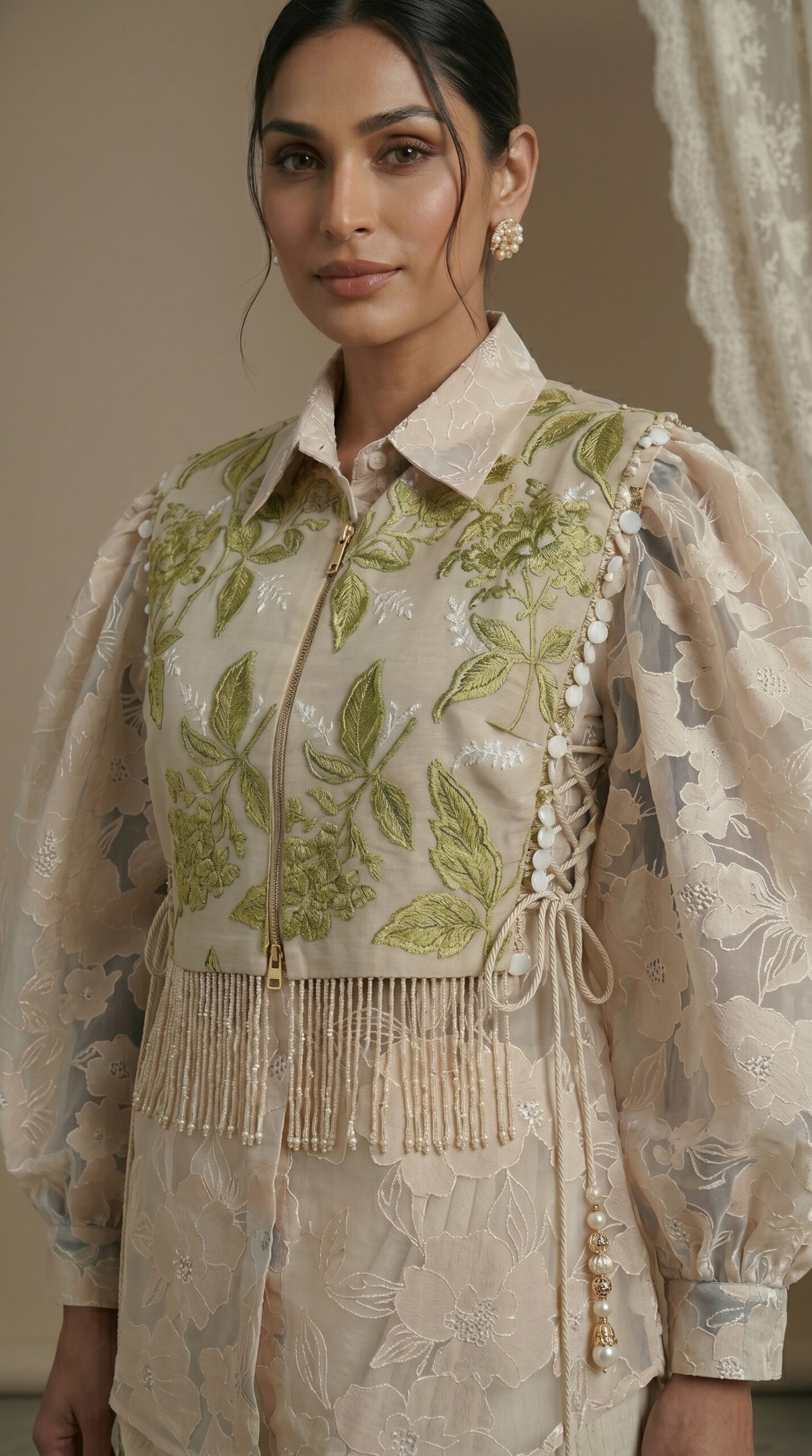 Ivory Leaf Embroidered Drape Skirt Set - Image 2