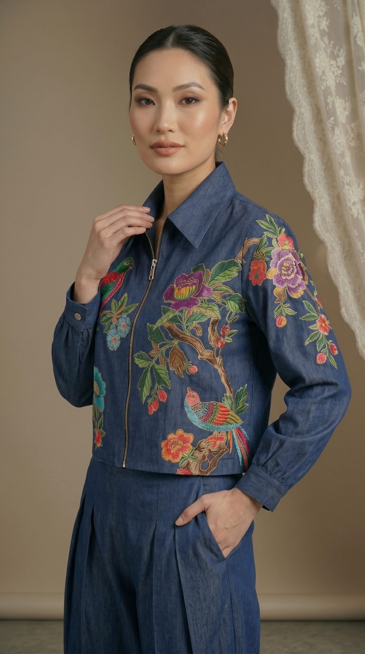 Bird & Floral Embroidered Denim-Inspired Two-Piece Set - Image 2
