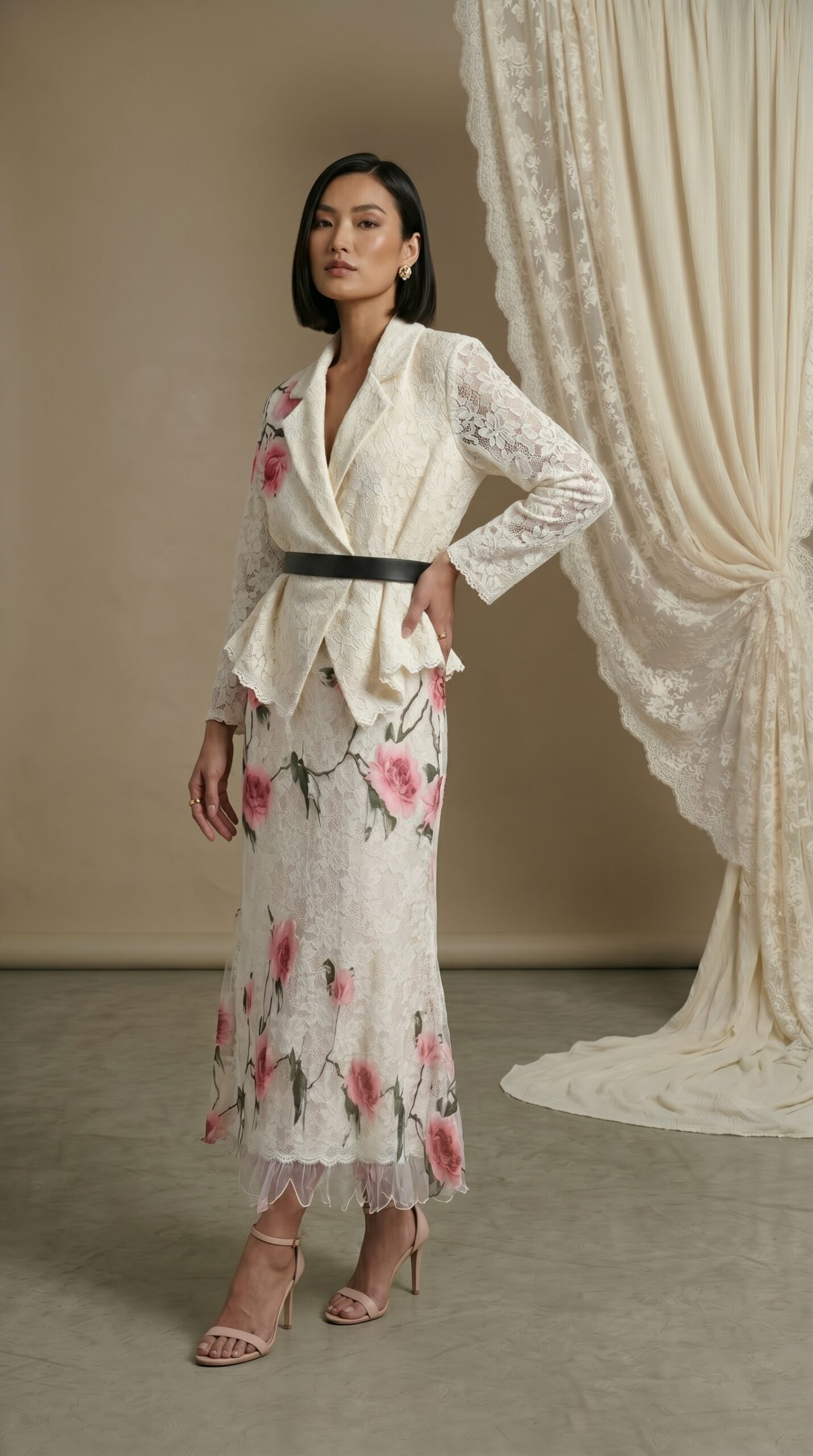 Ivory Floral Lace Jacket & Skirt Set