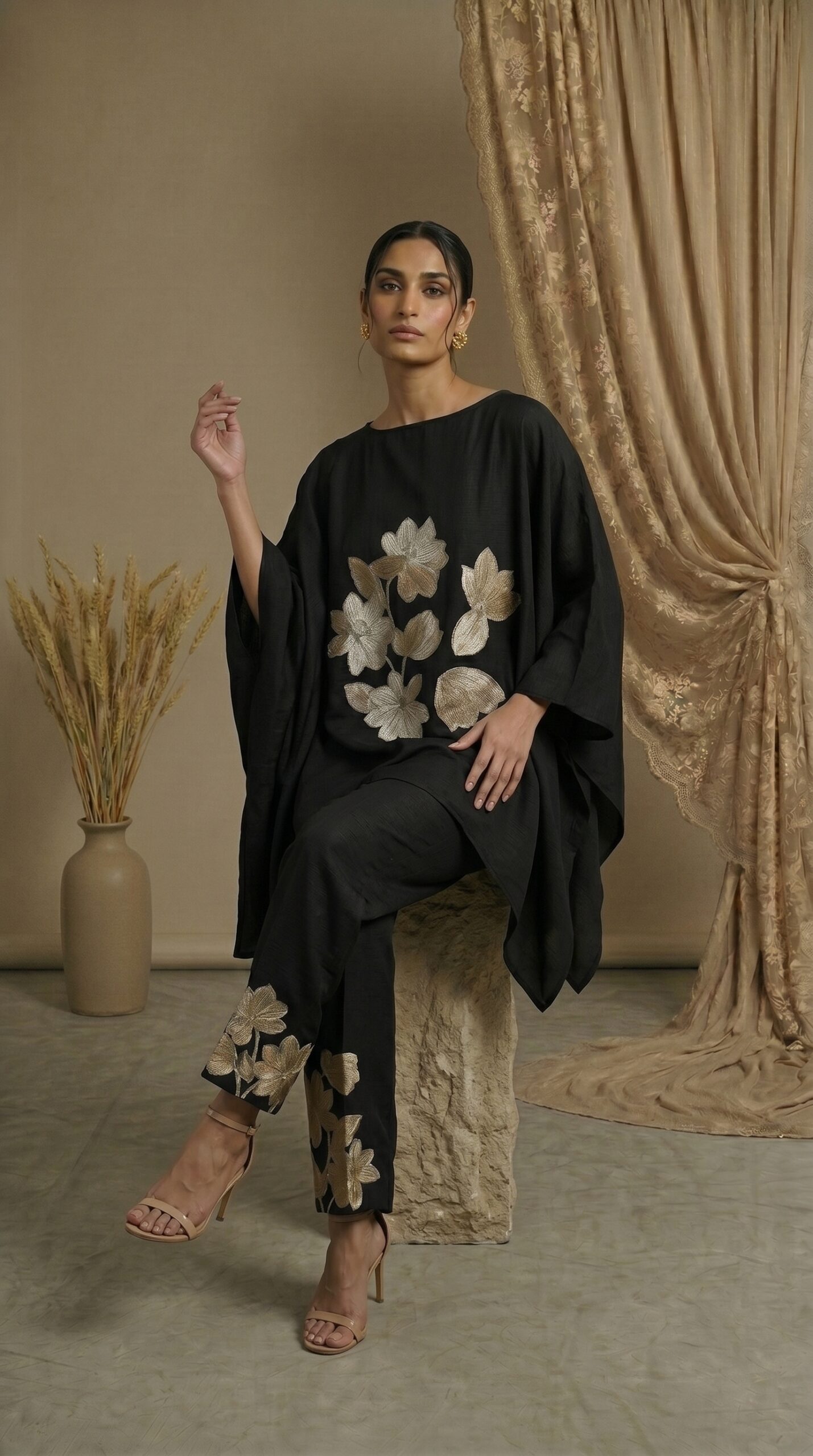 Black Lotus Embroidered Two-Piece Set