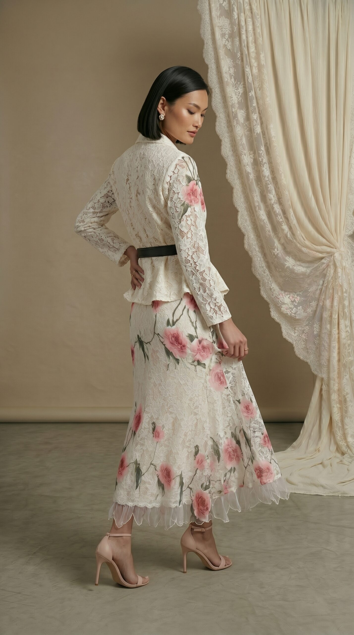 Ivory Floral Lace Jacket & Skirt Set - Image 2