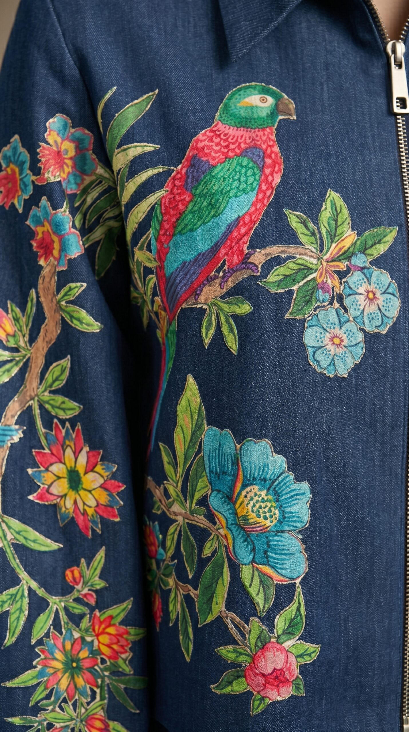 Bird & Floral Embroidered Denim-Inspired Two-Piece Set - Image 3
