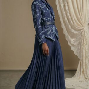 Abstract Vein Print Tailored Jacket & Pleated Skirt Ensemble