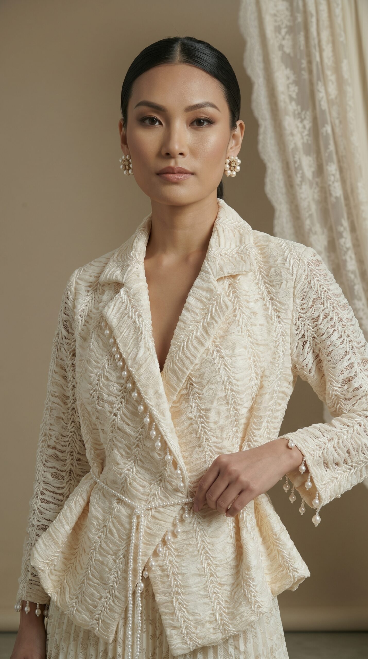 Pearl Elegance Pleated Lace Ensemble - Image 3