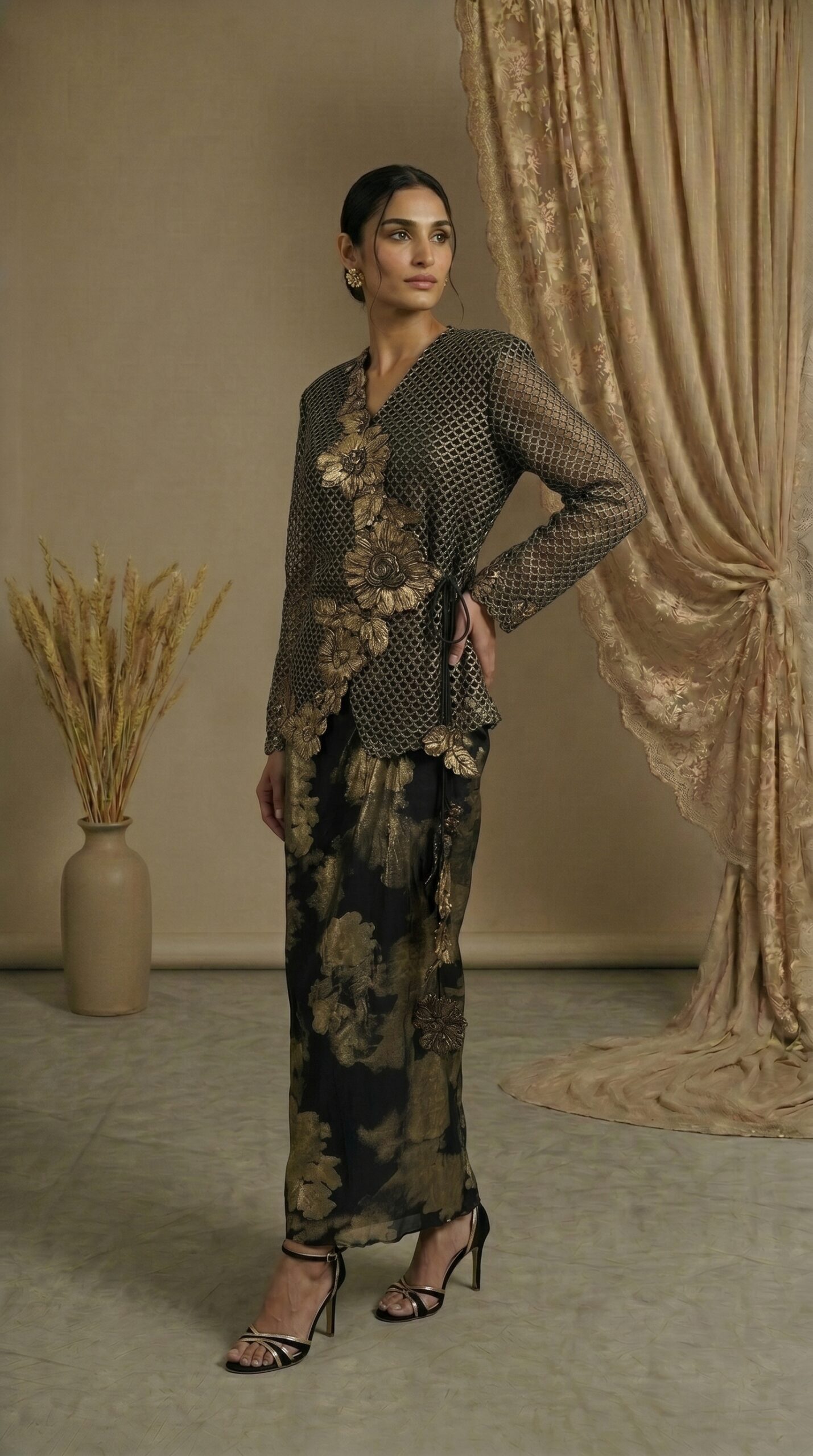 Golden Petal Embroidered Kebaya Ensemble