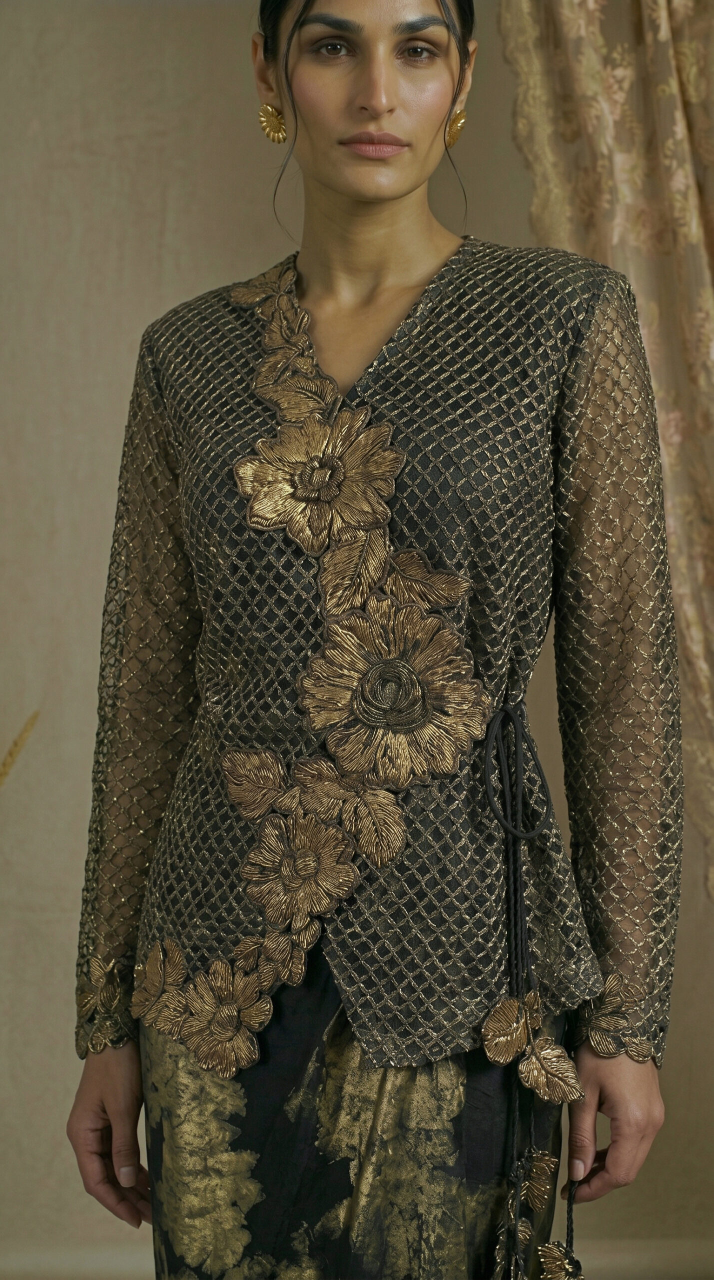 Golden Petal Embroidered Kebaya Ensemble - Image 2