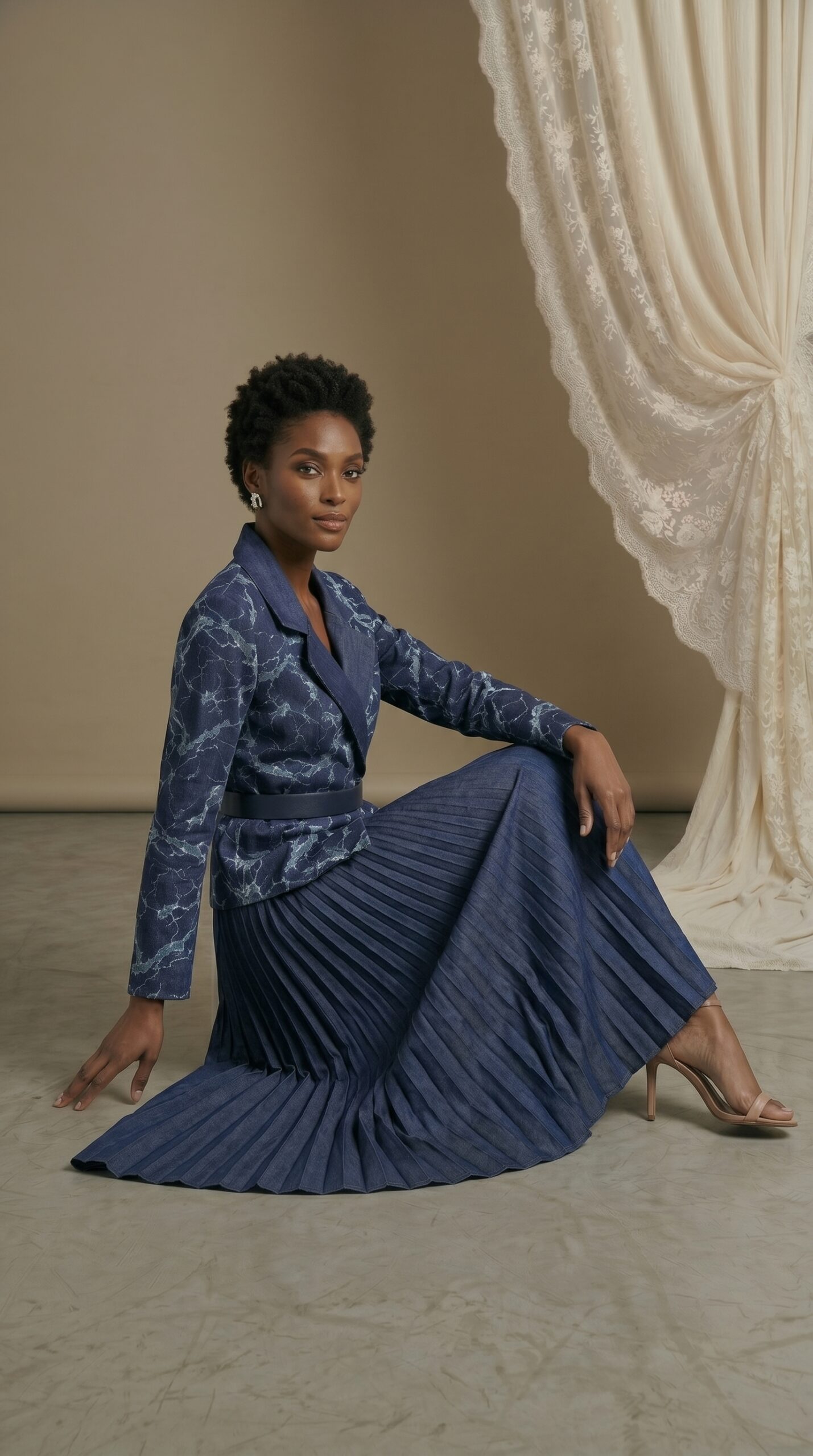 Abstract Vein Print Tailored Jacket & Pleated Skirt Ensemble - Image 2